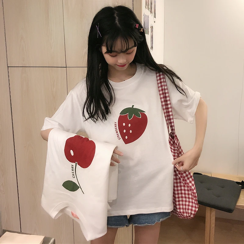 2019 летняя Корейская Свободная Женская Футболка Harajuku с принтом фруктов товые топы