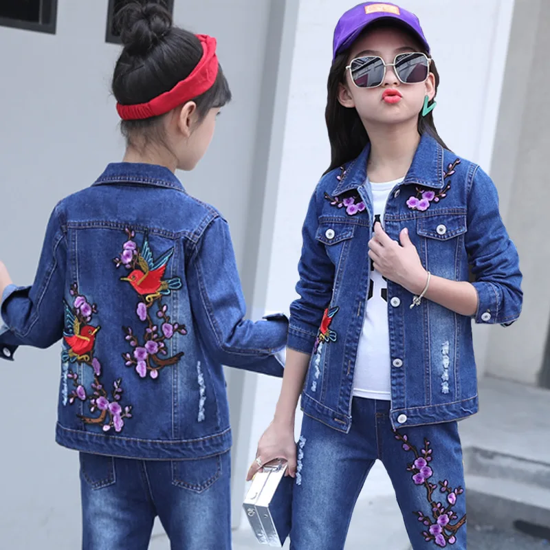 

2019 new china version of children's streetwear spring and autumn girls denim body suit, two-piece cowboy leisure flower bird