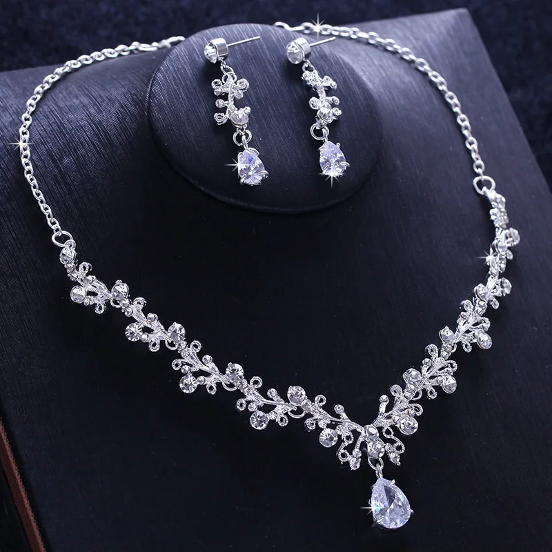 Necklace Earing Clip Роскошные женские свадебные ювелирные комплекты для невест, корона, ожерелье, Набор Тиара, аксессуары для невесты, свадебные серьги с кубическим цирконием и кристаллами - Окраска металла: Necklace Earing Clip
