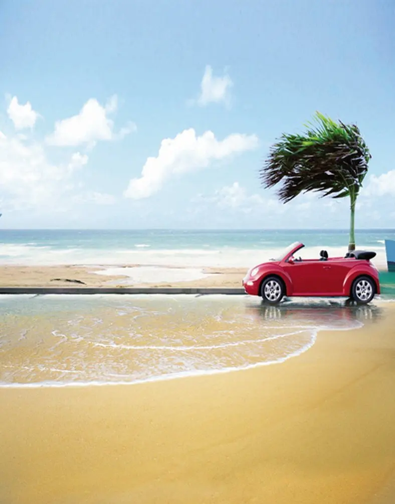 

Sea Beach Red Car Photography Backdrops Photo Props Studio Background 5x7ft