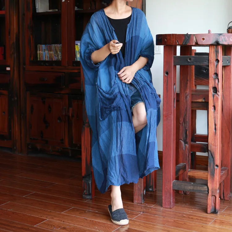 Женский Осенний свободный тренчкот из промытого льняного полотна 2021 клетчатый с