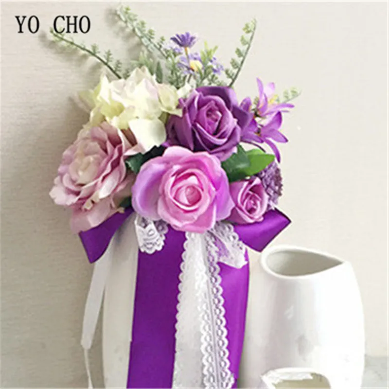 

YO CHO Silk Artificial Purple Rose Flower Wedding Party Windows Table Chairs Walls Home Decor Bridesmaid Bouquet Sisters Flowers