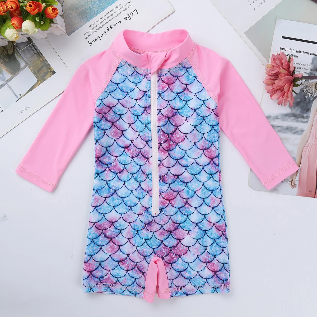 Цельный купальник Русалочки с длинными рукавами для маленьких девочек купальный