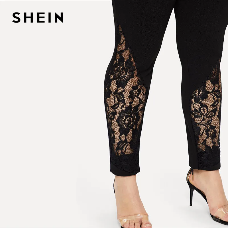 SHEIN черные повседневные эластичные штаны со средней талией, с кружевной вставкой, узкие брюки размера плюс, женские облегающие обтягивающие брюки