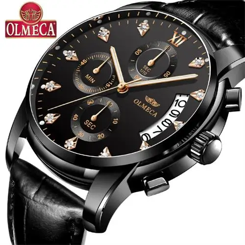 Rose Black Leather Для мужчин s часы лучший бренд класса люкс OLMECA часы Relogio Masculino 3ATM водонепроницаемые часы хронограф наручные часы Reloj Hombre для мужчин - Цвет: Rose Black Leather