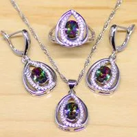 Mystic Rainbow Fire, кубический цирконий, ювелирный набор, для женщин, 925 пробы, серебряные ювелирные изделия, свадебные серьги/кулон/ожерелье/кольца T002