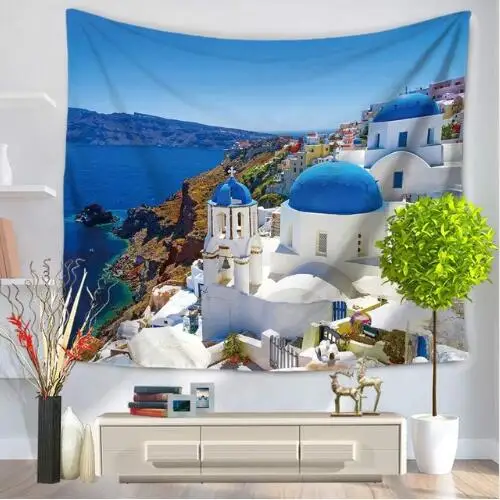 Summer Tapestry Ancient Oia Village in Santorini Island Greece with Aegean Sea Scenery Image Wall Hanging for Living Room