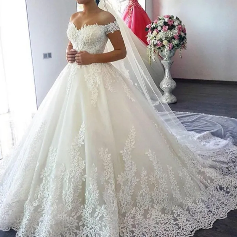 

White Off the Shoulder Cheap Vestido De Noiva Wedding Dress 2023 Train Custom-made Plus Size Bridal Tulle Mariage