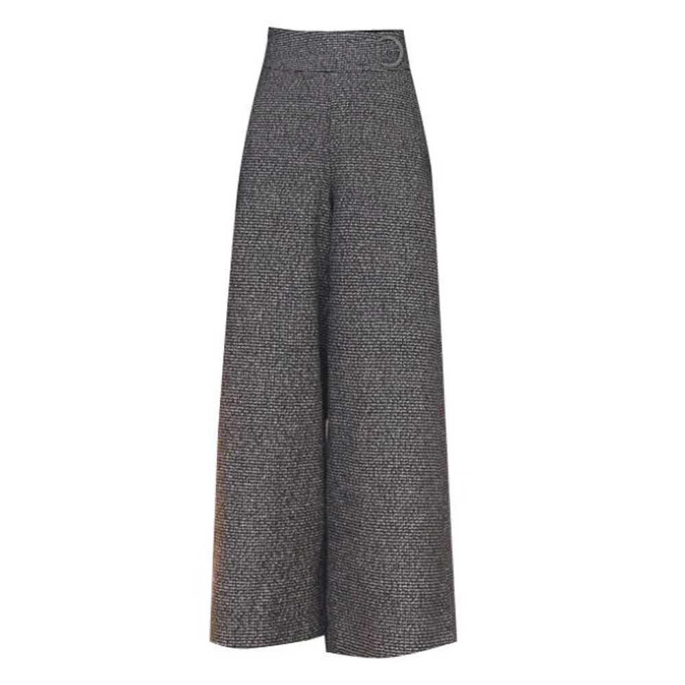 

Autumn Winter Thick High Waist Work Pant Skirt Office Lady Women Plaid Woolen Wide Leg Pants Formal Long Trousers Bottoms