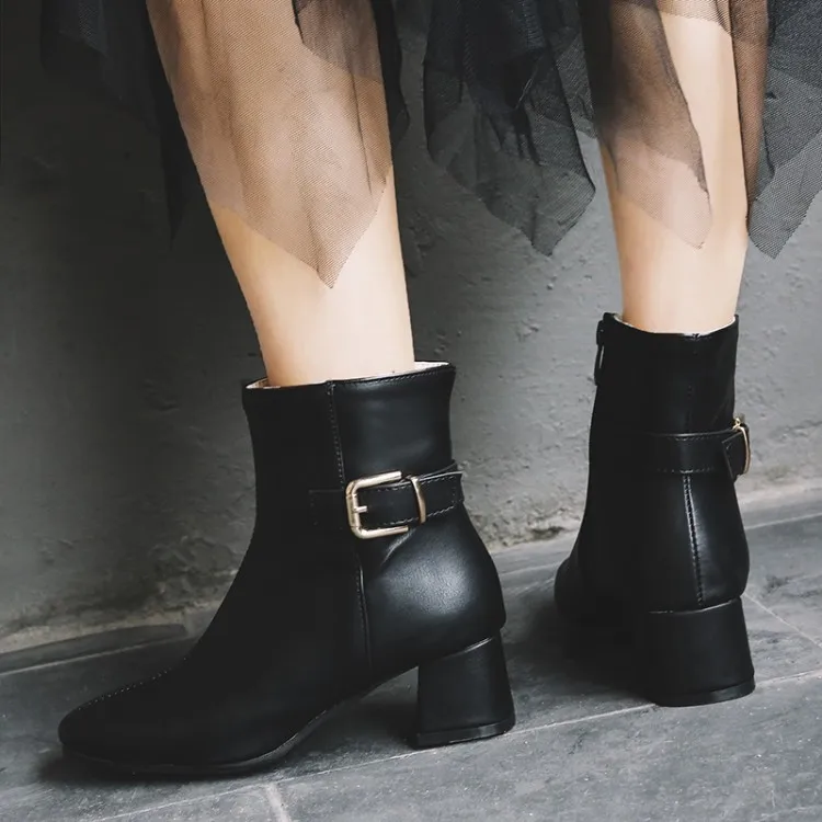 Большой Размеры мадам грубый каблук полусапожки Чистый цвет с металлическими