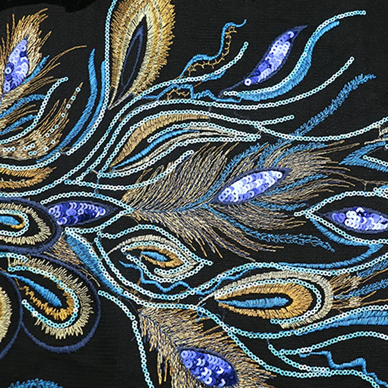 Большой вышитый Павлин Синий Золотой Блестки отделка цветочный аппликация
