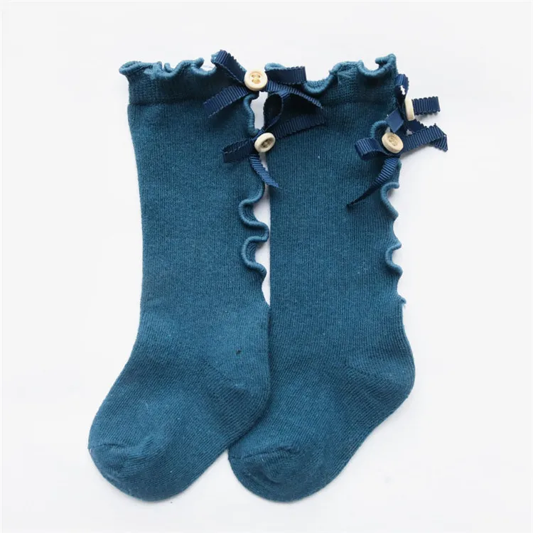 Royal blue Носки без пятки с бантом для мальчиков и девочек Детские однотонные Хлопковые гольфы с деревянными ушками и кружевом для малышей, Skarpetki Chaussette Enfant - Цвет: Royal blue