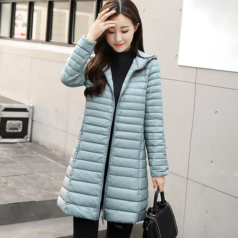 Hu blue color Осенне-зимняя женская куртка, длинная куртка с капюшоном, белый утиный пух, Женское пальто, ультра-тонкий светильник, одноцветные куртки, пальто, портативное - Цвет: Hu blue color