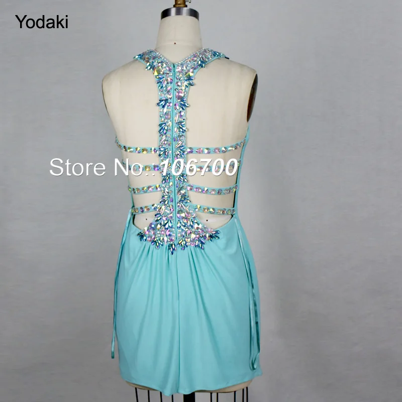 

Real Photos Short Prom Dresses Hand Make Crystal Beading Halter Hollow Back Sky Blue Color Party Evening Gowns 2018