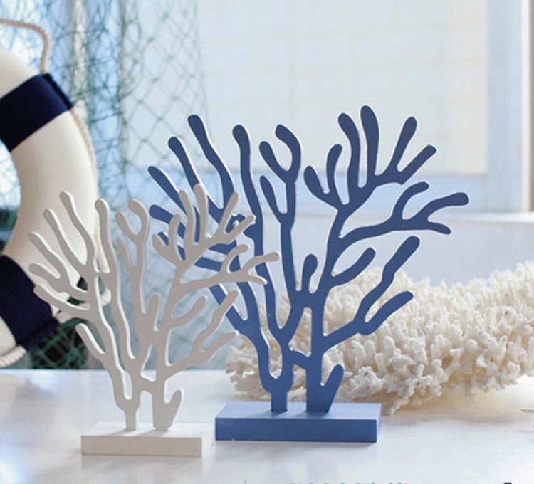 

2pcs/lot L/M Wooden Coral Hand-painted Blue or White Wooden Mediterranean Sea Style Tree Home Deco Wooden Craft Hot Selling!