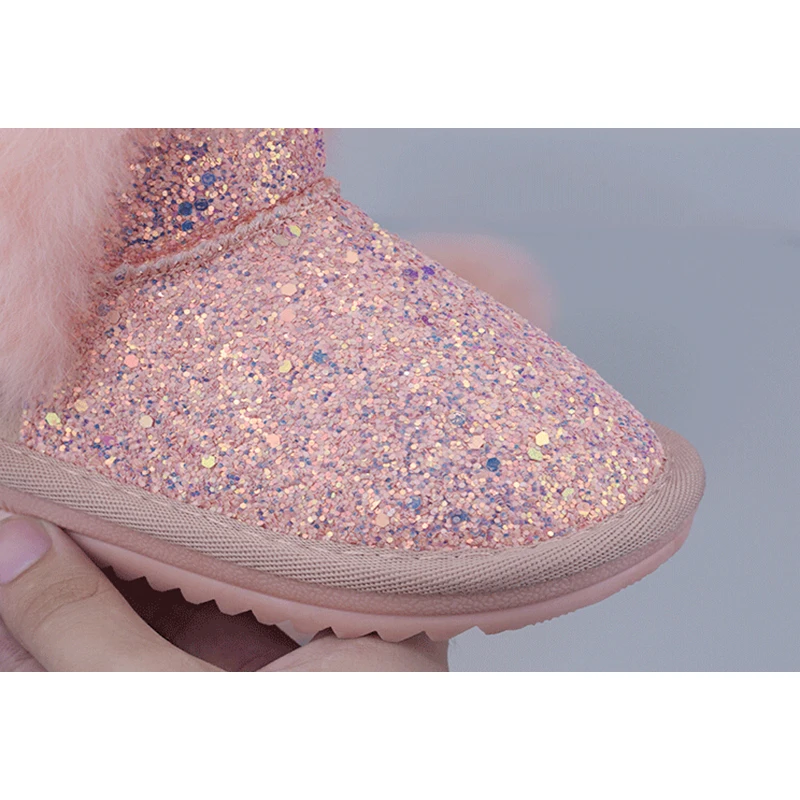 2017 Winter New Children's Snow Boots With Fur Sequins Kids Rubber Warm Non-slip Shoes Princess Baby Girls Leather | Детская одежда