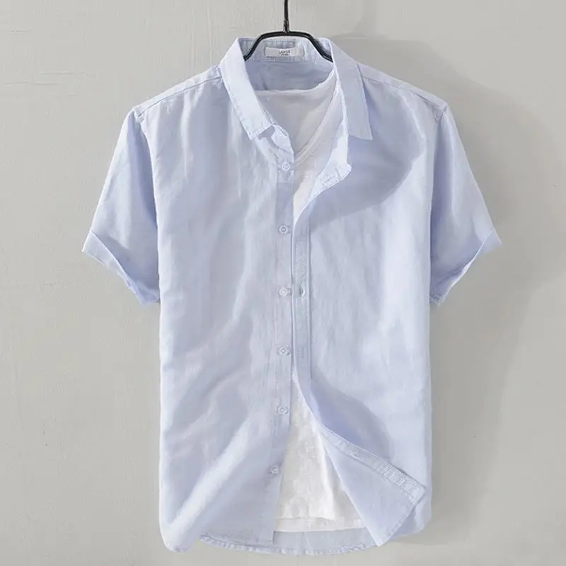 

Top Quality 2020 New Summer Mens Short Sleeve Linen Shirts Casual Solid Color Cotton Clothes Fashion Slim Tops