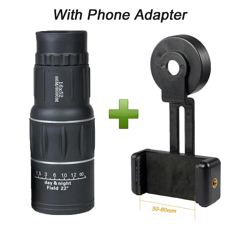 16X52 Upgrade Telescope HD Monocular Handheld Scope for Outdoor Hiking with Universal Smart Phone Holder and Tripod Watch Soccer - Цвет: With Phone Adapter