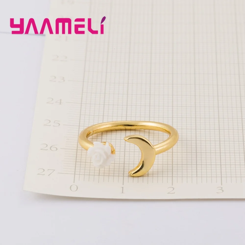 

Beautiful White Flower Gold Color with Moon Design Opening Finger Ring For Women Girls Crystal Jewelry Accessories Gift