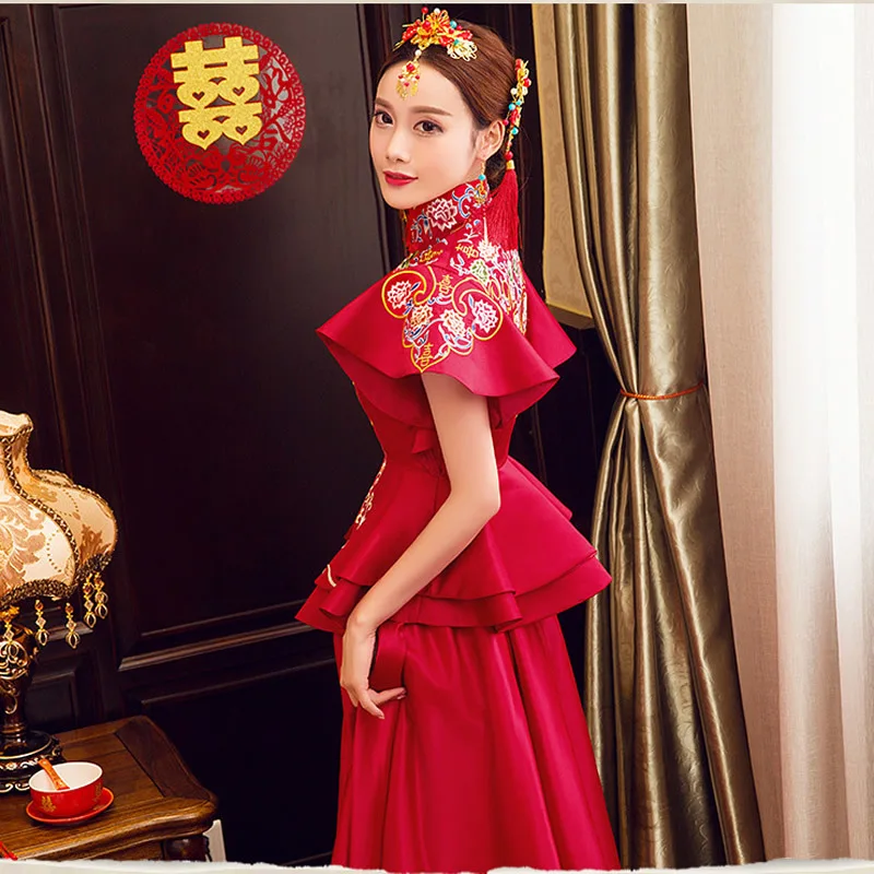 Традиционное китайское свадебное платье Современная вышивка Cheongsam длинное Qipao красные восточные воротники вечерние платья платье с драконом Халат
