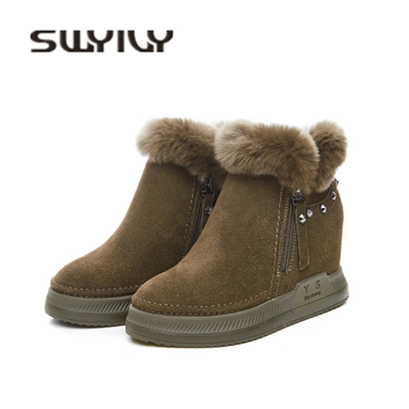 

SWYIVY Women's Snow Boots Wedge Top Fur Female Warm Winter Cotton Shoes Velvet Lady Snowboots Shoes Genuine Leather Snow Boots