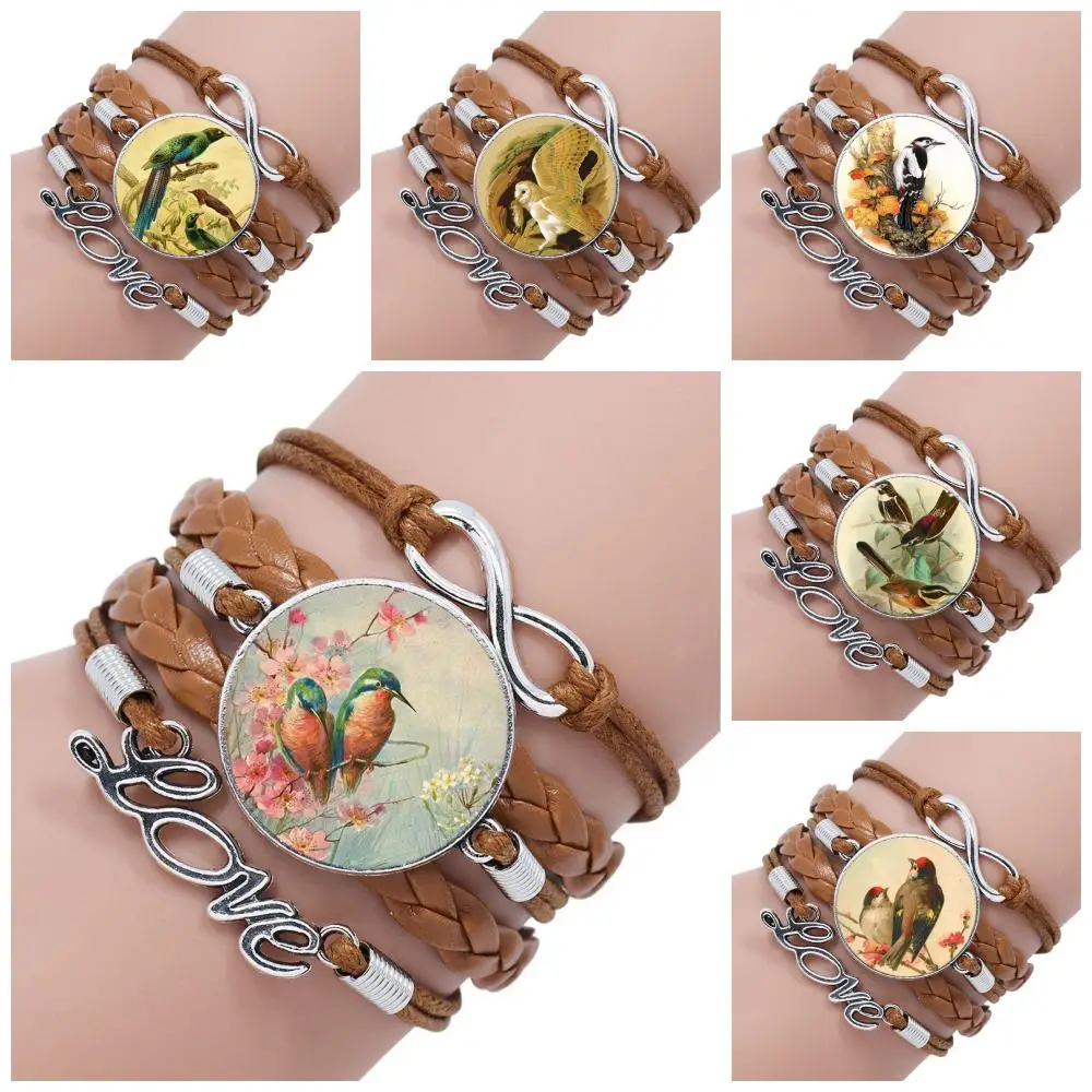 For Women Men Luxury Brand Jewelry Glass Cabochon Multilayer Black/Brown Leather Bracelet Bangle Green Purple Hummingbird | Украшения и
