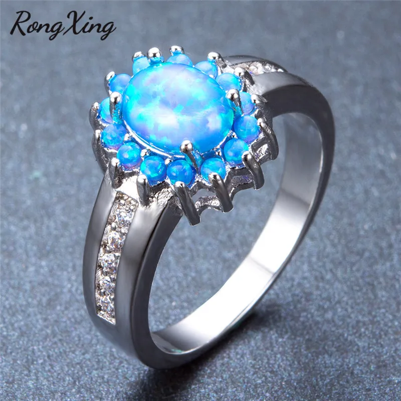 RongXing Stylish White/Blue Fire Opal Oval Birthstone Rings For Women Silver Color Zircon Rainbow Jewelry RP0152 | Украшения и