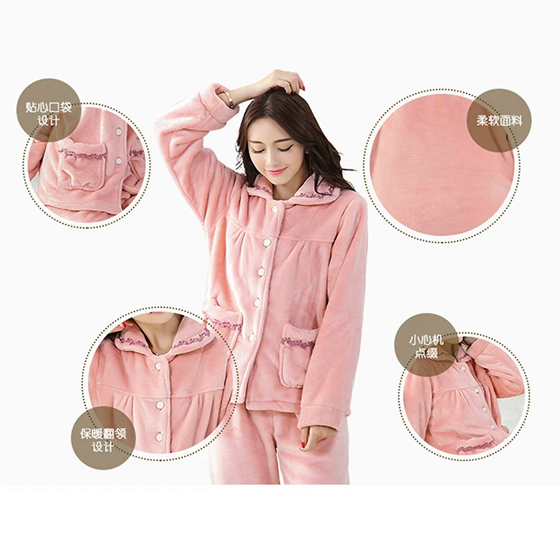 Pajamas Women Sets Winter Solid Color Long Sleeve Gold Velvet Keep Warm Pocket Button Pyjamas Home Clothes Lingerie Pajama | Женская