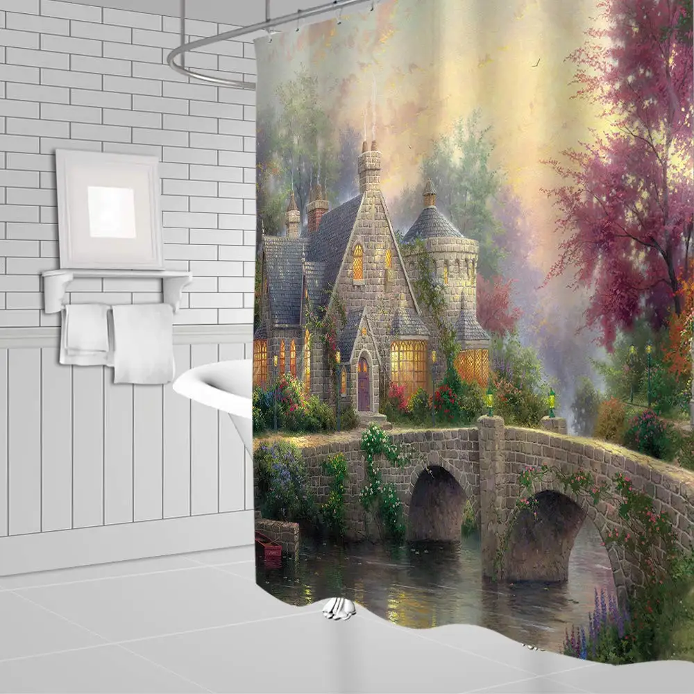 Каменный Замок Декор занавеска для душа фантазия Туманный лес мост речные
