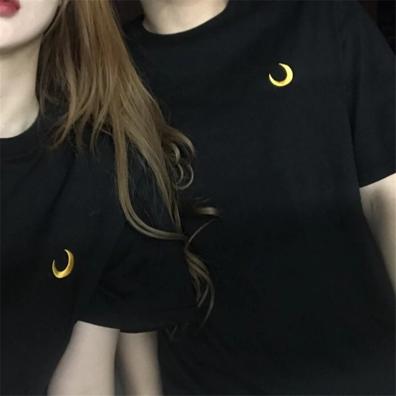 Harajuku Chic Луна вышивка футболка для Для женщин короткий рукав свободные летние унисекс футболки