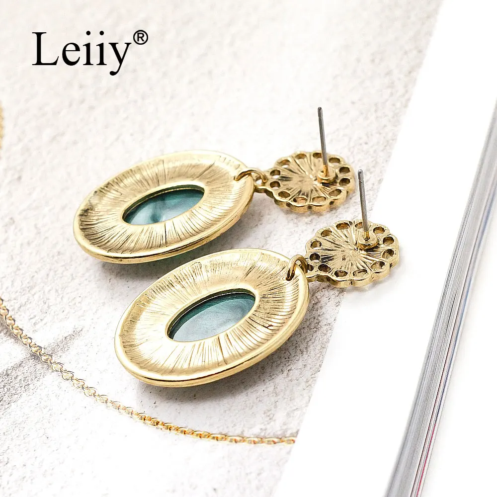 LEIIY зеленый горный хрусталь камень падение серьги для Для женщин Винтаж золото