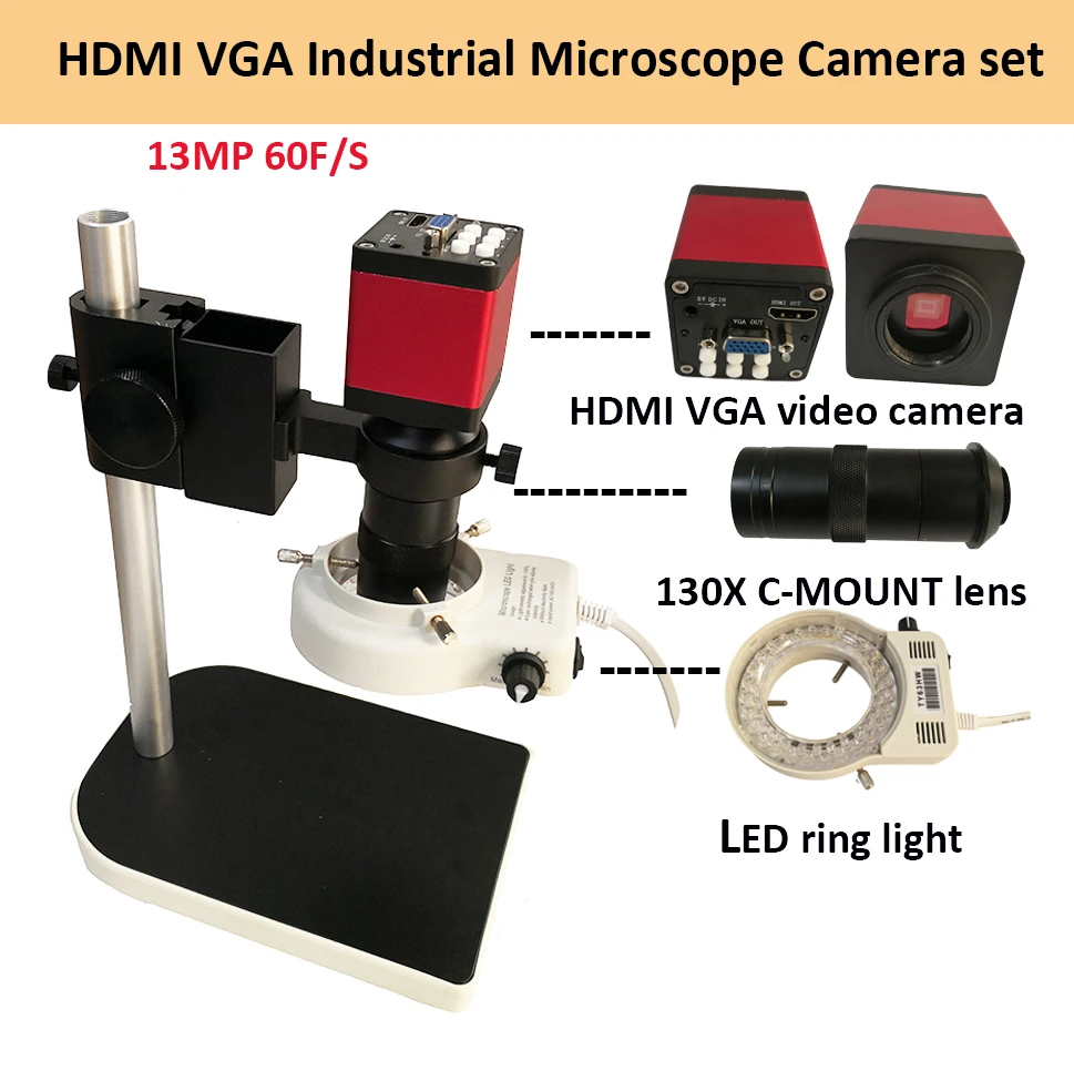 Цифровой HDMI VGA промышленный микроскоп камера видео наборы HD 13MP 60F/S + 130X C крепление