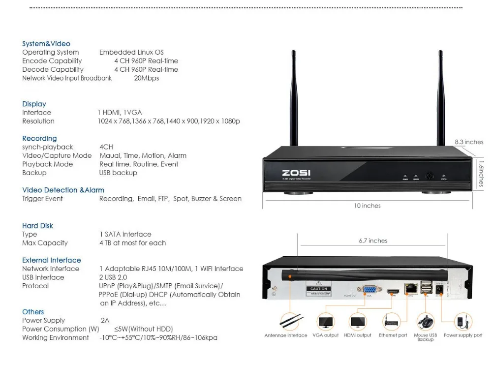 ZOSI Plug& Play Беспроводной 4CH CCTV Камера Системы P2P Беспроводной NVR и IP Камера 960 P открытый пуля Wi-Fi наблюдения Системы