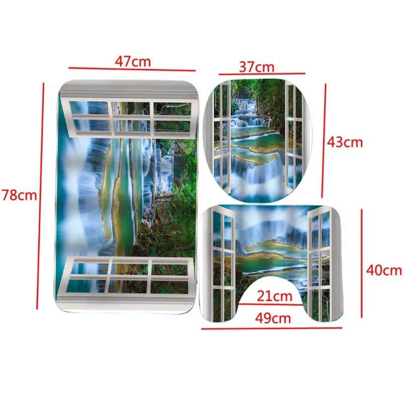 

4pcs Natural Landscape Shower Curtains Set Non Slip Rug Sets Toilet Polyester Cover Mat Waterproof Bathroom Shower Curtains