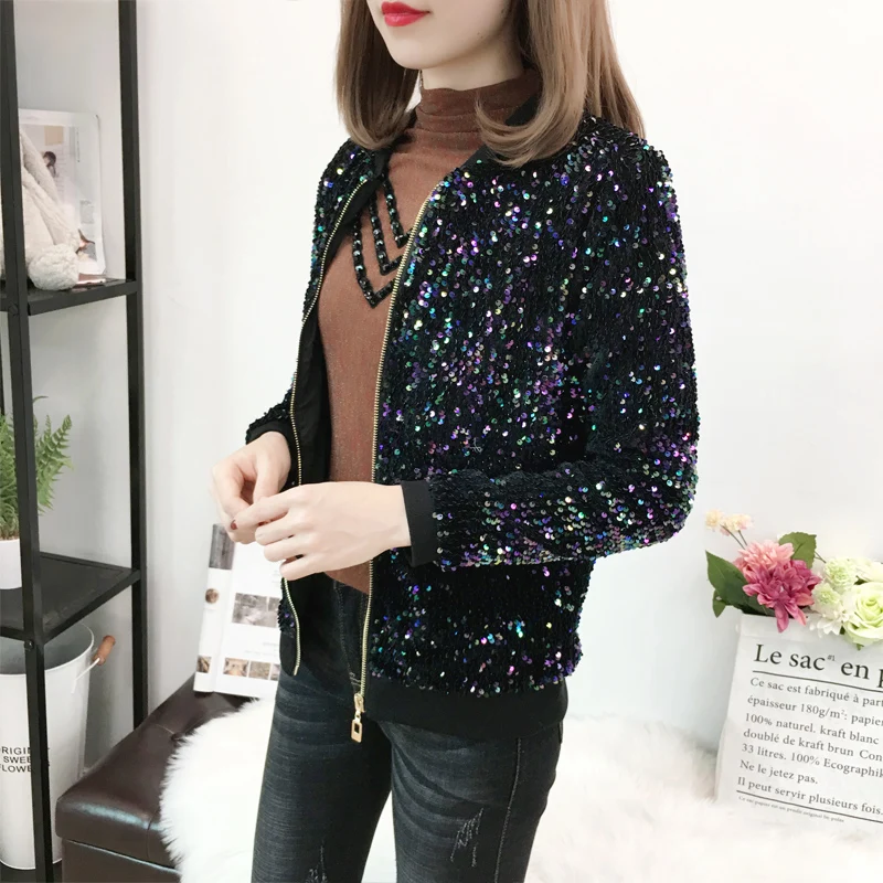LXMSTH Женская куртка с блестками большие размеры весна осень куртки Бомберы