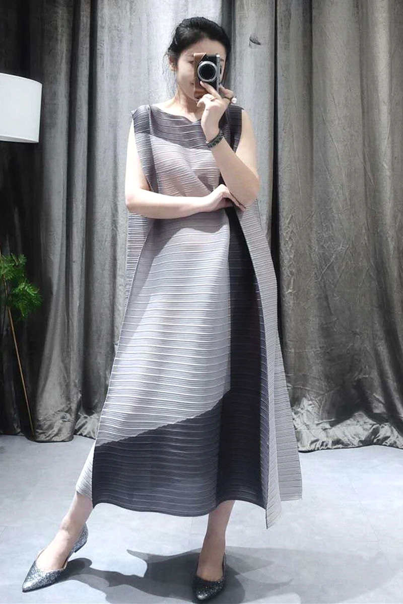Miyake Fold/Новинка года; летнее платье высокого качества; шифоновое платье без рукавов со складками; платья больших размеров;
