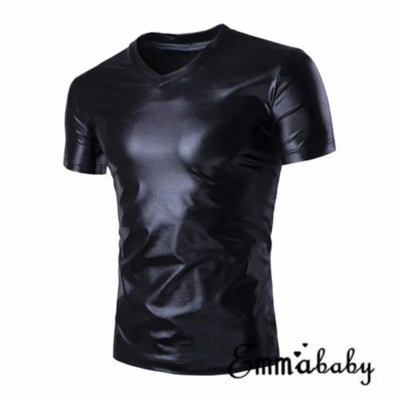 2018 emmaaby Мужская Блестящая футболка металлик с коротким рукавом облегающие