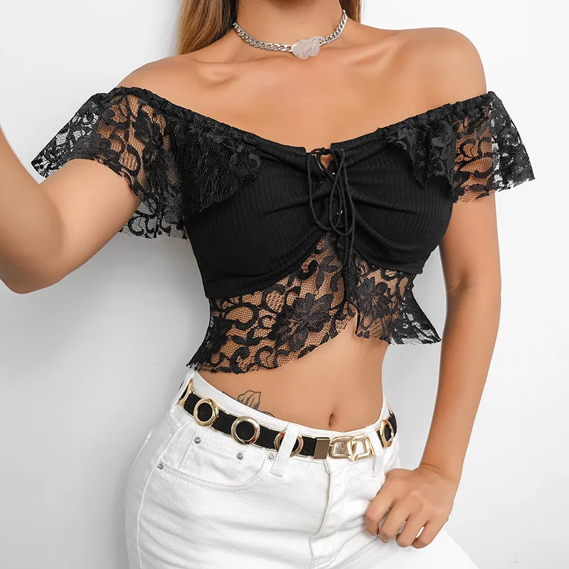 Женский Кружевной укороченный топ Черный Повседневный бандажный с открытыми