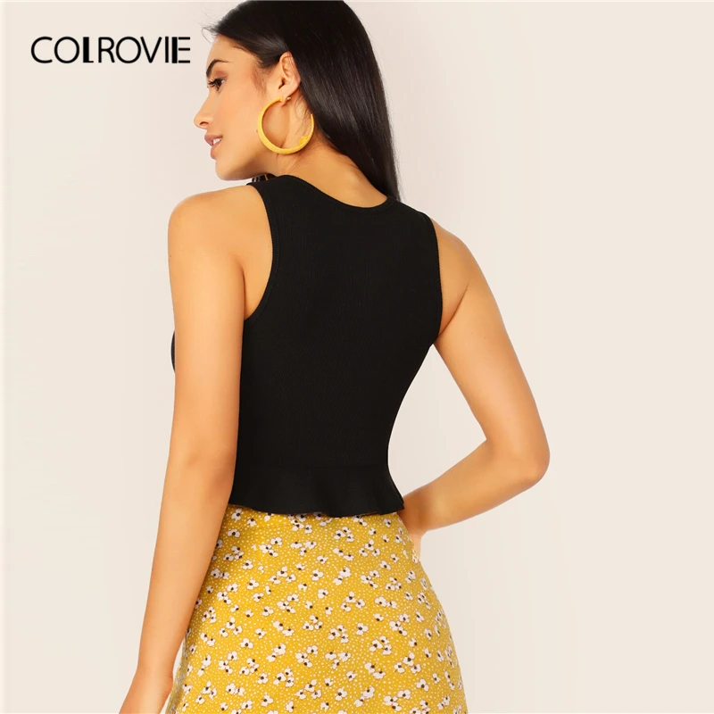 COLROVIE, Черный гофрированный подол, вязанный, элегантный, короткий топ, женский, лето, белый, корейский, тонкий, розовый, сексуальный, для женщин, милые футболки
