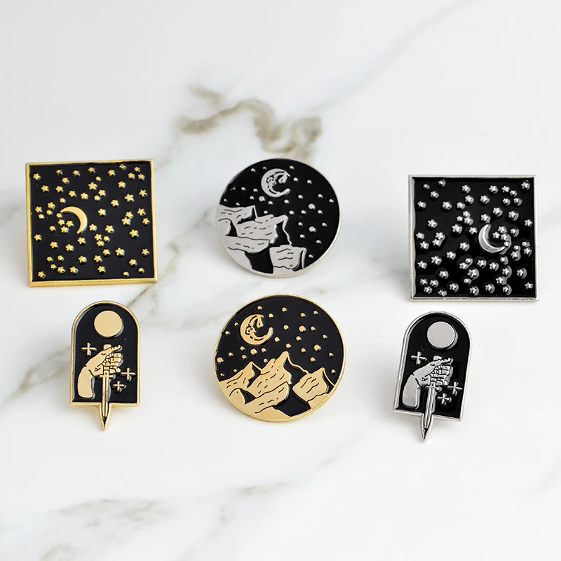 Темная Луна Звезда Гора кинжал булавки жесткие эмалевые значки мужские и женские