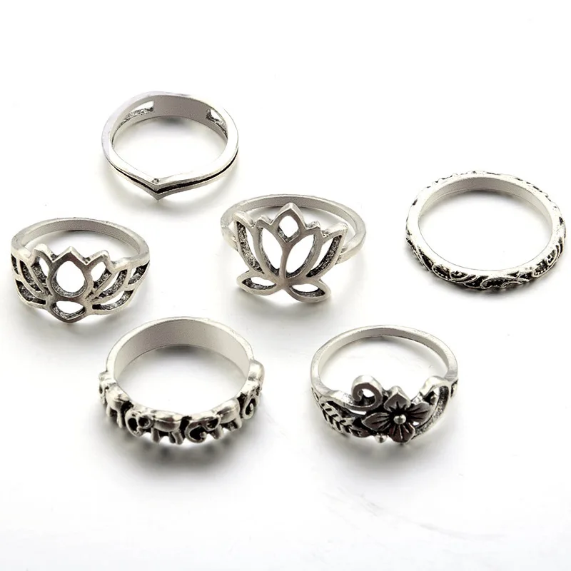 10pcs/set Vintage Rings for Women Antique Color Holow Lotus Flower Punk Elephant Knuckle Ring RT032 | Украшения и аксессуары