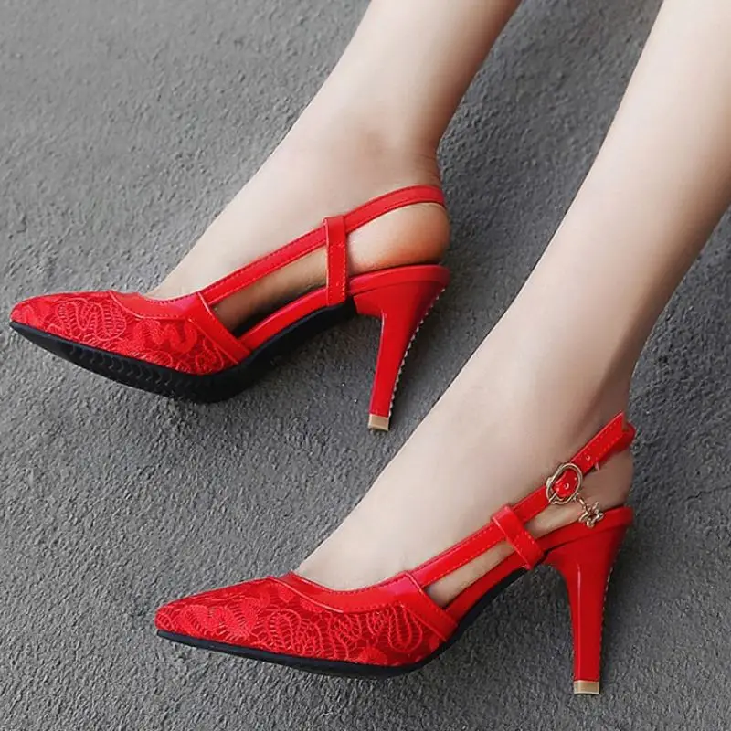 SJJH/женские сетчатые босоножки на шпильках с острым носком высоком каблуке 9 см