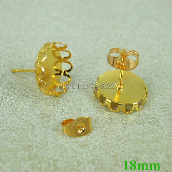 18mm Blank Earrings Settings Bases Round Bezel Stud Post w/ Stopper Back Earring Findings Golden tone Plated Wholesale - купить по
