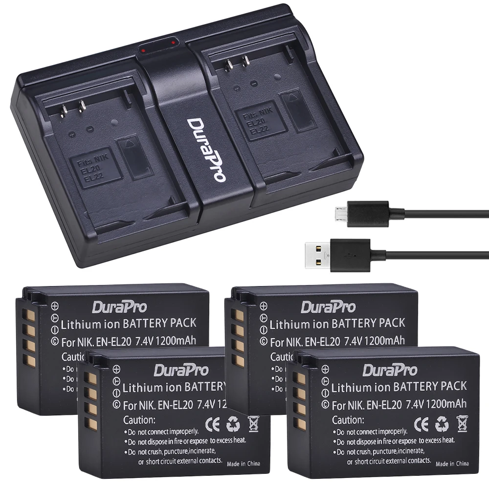 Durapro 4 шт. 1200 мАч EN-EL20 EN EL20 аккумуляторная батарея + USB двойное зарядное устройство
