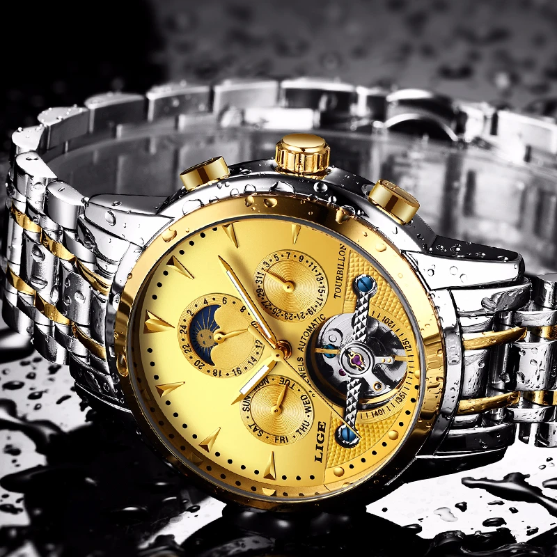 Часы наручные LIGE Мужские механические деловые водонепроницаемые аналоговые из