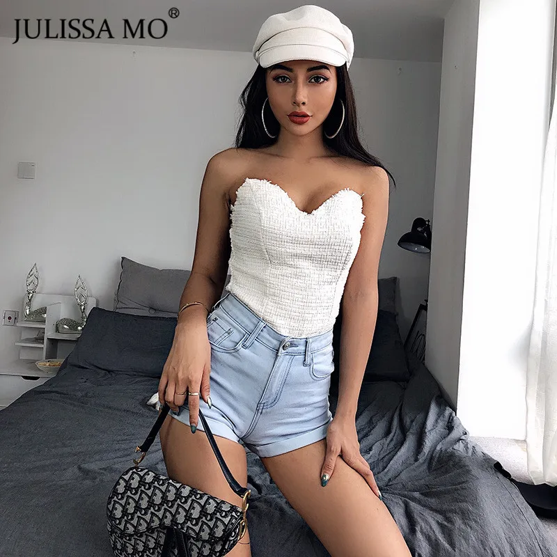 Julissa mo белый сексуальный укороченный Топ без бретелек для женщин летний топ с открытыми плечами Женская мода с открытой спиной базовые Топы Футболка