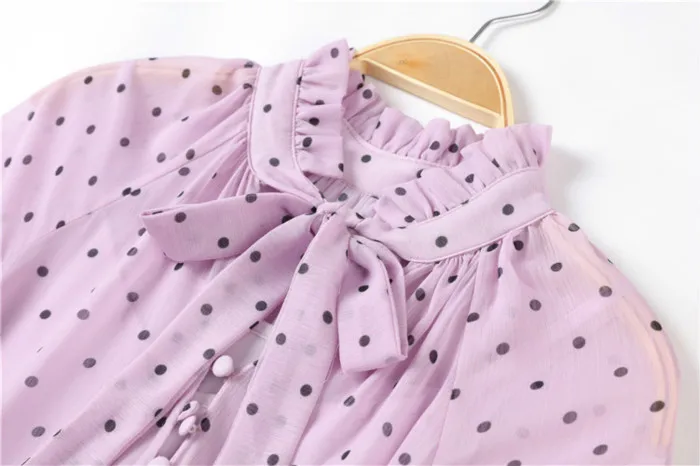 

High Quality Women's Maxi Long Dress Dots Printed Bow Collar Two Pieces Designer Dresses 2019 Summer Pleated Ruffles Bow Vestido