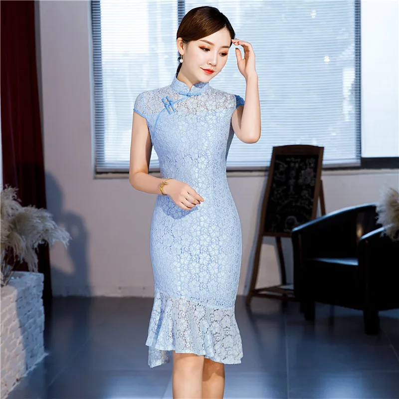 Модное розовое Новое Кружевное короткое Cheongsam современное китайское женское