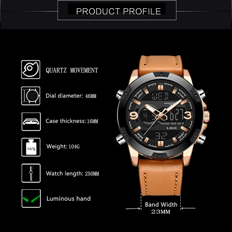 LIGE Новые Роскошные Аналоговые Цифровые кварцевые часы Брендовые повседневные