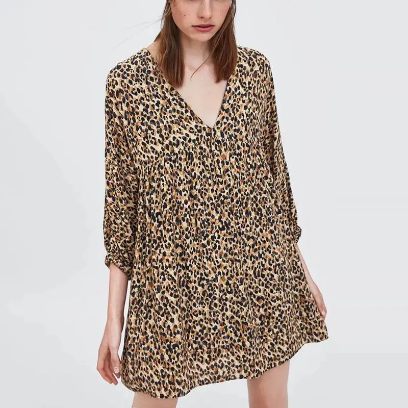 Женское винтажное платье с леопардовым принтом boho элегантное Плиссированное
